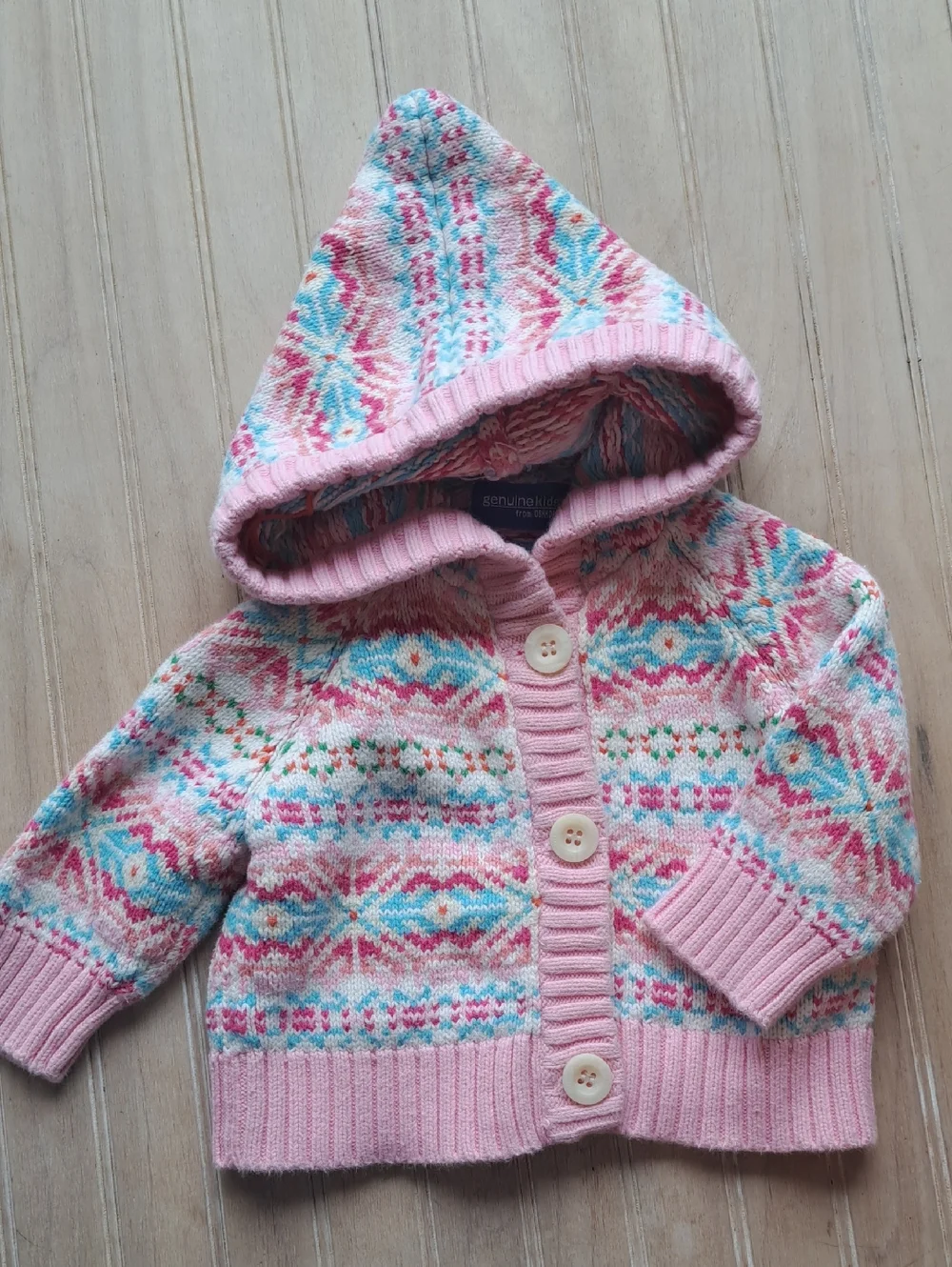 Genuine Kids OshKosh Fair Isle Hooded Chunky Knit Cotton Cardigan Sweater 9M